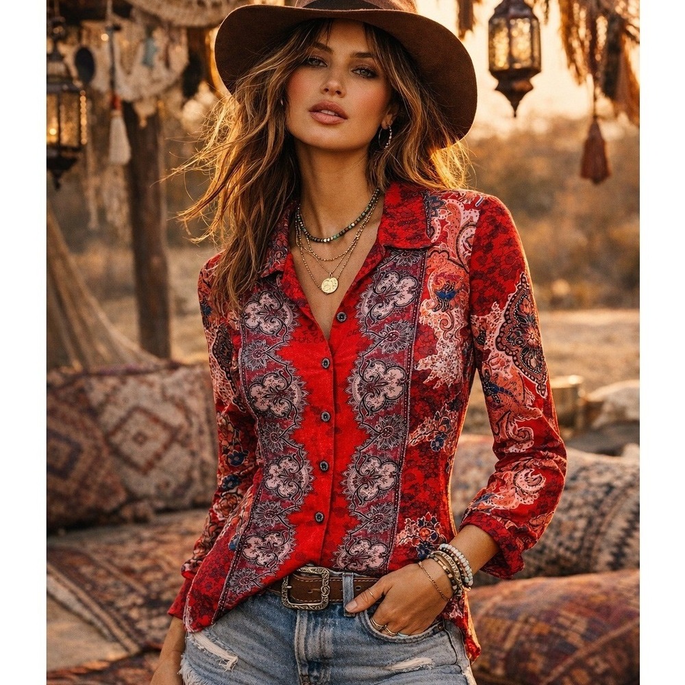 Vintage Carol Anderson Red Paisley Beaded Blouse Bohemian Festival Y2K Small